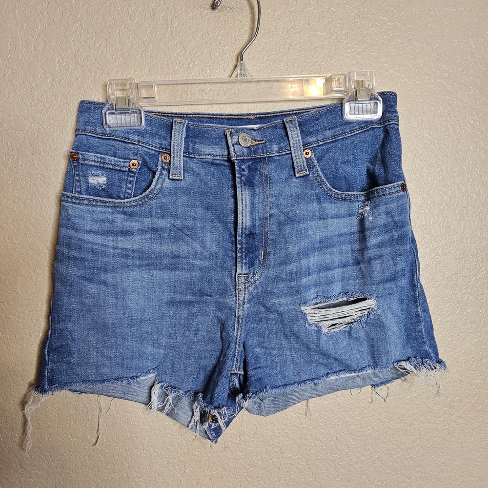 Levis High Rise Cut off stretch Denim Shorts Medium Wash Raw Hem Size 27